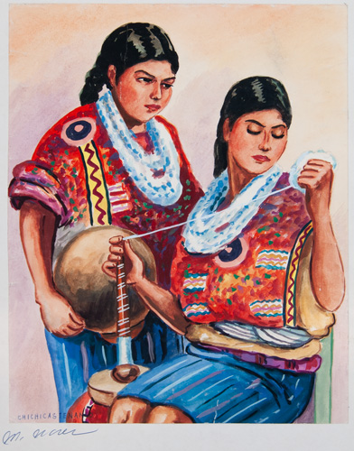 M. Navas Guatemalan artist original watercolor painting from circa 1950s-1960s